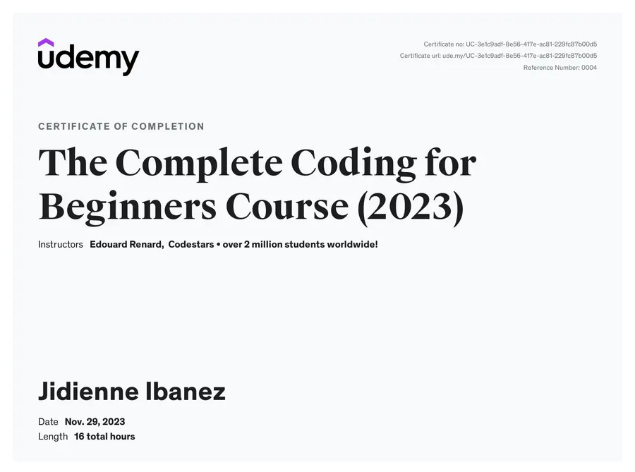 The Complete Coding for Beginners Course certificate