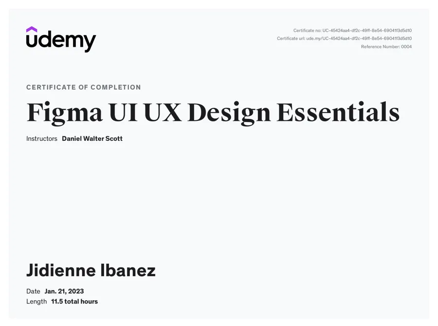 Figma UI UX Design Essentials certificate