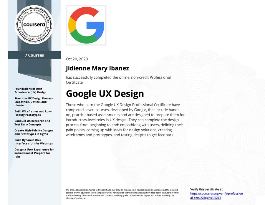 Google UX Design Professional Certificate certificate